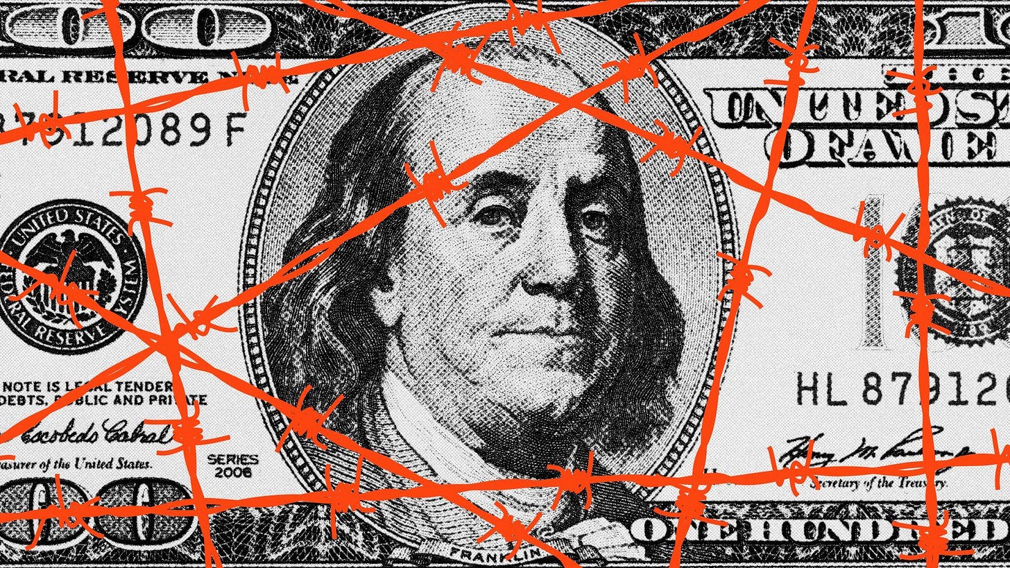 Illustration of a textured hundred dollar bill with red vector barbed wire art strung across it in various directions. 