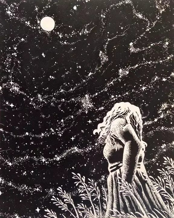 This may contain: a black and white drawing of a woman looking up at the stars
