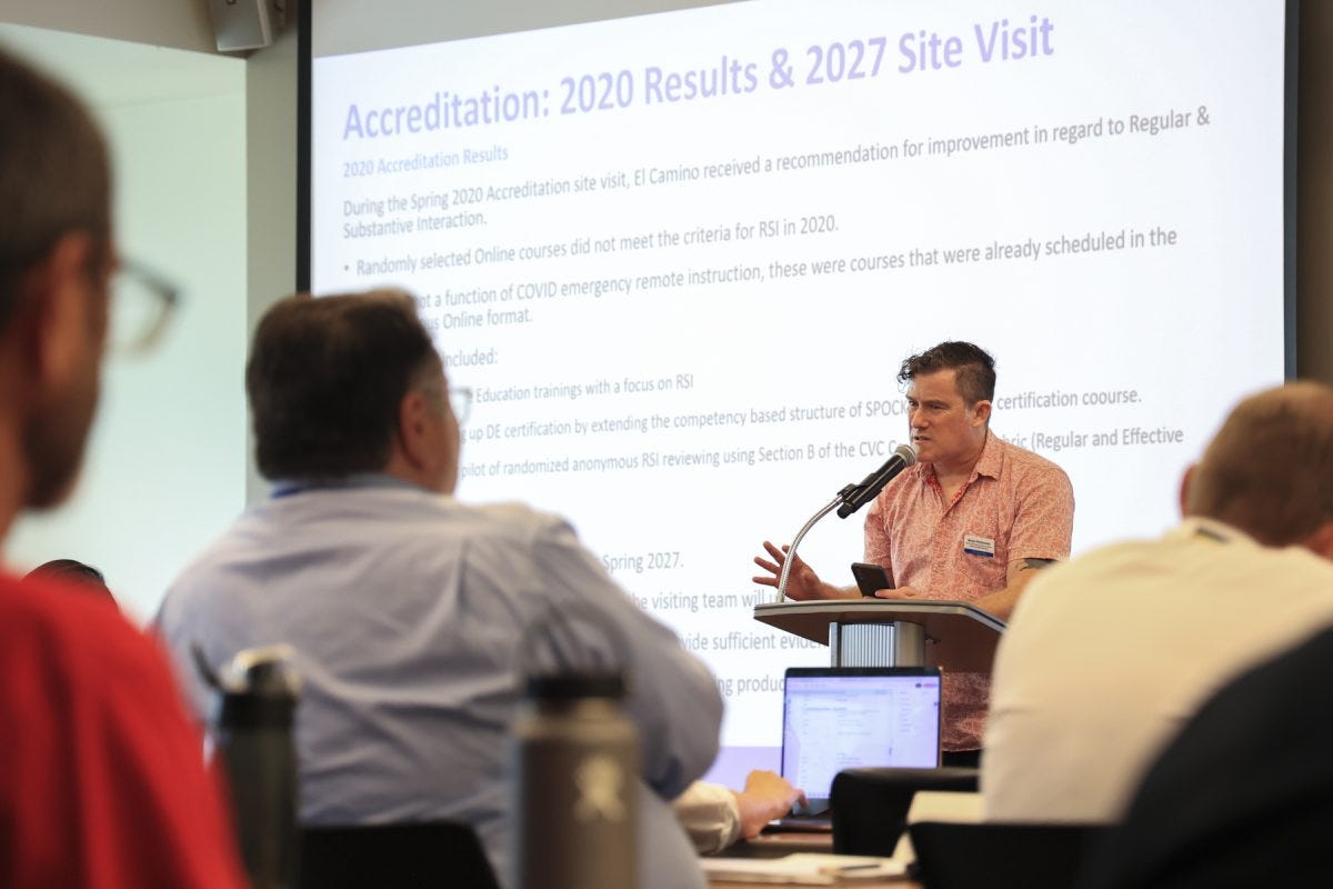 El Camino College Distance Education Faculty Coordinator Moses Wolfenstein leads the accreditation discussion in the Academic Senate meeting Tuesday, Sept. 2, in ECC's Distance Education Room. The next round of accreditation will occur in spring 2027 pulling 30 random online courses from fall 2026 to put up for Regular and Substantive Interaction review. (Oriana de Quay | The Union)