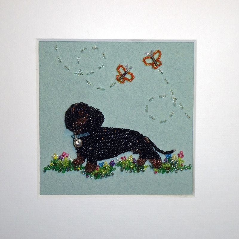 Doxie Dachshund Beaded Pet Portrait Shadowbox Frame Beadwork Bead Embroidery Bead Art the Lone Beader Doxie Dachshund Beaded Pet Portrait Shadowbox Frame Beadwork Bead Embroidery Bead Art the Lone Beader