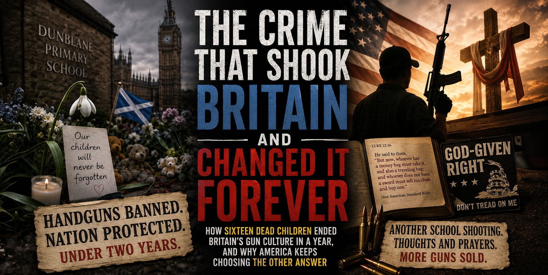 Split-screen editorial illustration comparing Britain and the United States after mass shootings. On the left, a memorial outside Dunblane Primary School in Scotland is covered with flowers, candles, teddy bears, and a handwritten tribute to murdered children, with British landmarks in the background and a headline about handgun bans. On the right, an American flag, a silhouetted man holding a rifle, a Christian cross, an open Bible, ammunition, and pro-gun slogans symbolize the intertwining of gun rights, religion, and national identity. Large central text reads “The Crime That Shook Britain and Changed It Forever,” highlighting the contrast between Britain’s rapid gun restrictions after Dunblane and America’s continuing gun debate. Split-screen editorial illustration comparing Britain and the United States after mass shootings. On the left, a memorial outside Dunblane Primary School in Scotland is covered with flowers, candles, teddy bears, and a handwritten tribute to murdered children, with British landmarks in the background and a headline about handgun bans. On the right, an American flag, a silhouetted man holding a rifle, a Christian cross, an open Bible, ammunition, and pro-gun slogans symbolize the intertwining of gun rights, religion, and national identity. Large central text reads “The Crime That Shook Britain and Changed It Forever,” highlighting the contrast between Britain’s rapid gun restrictions after Dunblane and America’s continuing gun debate.