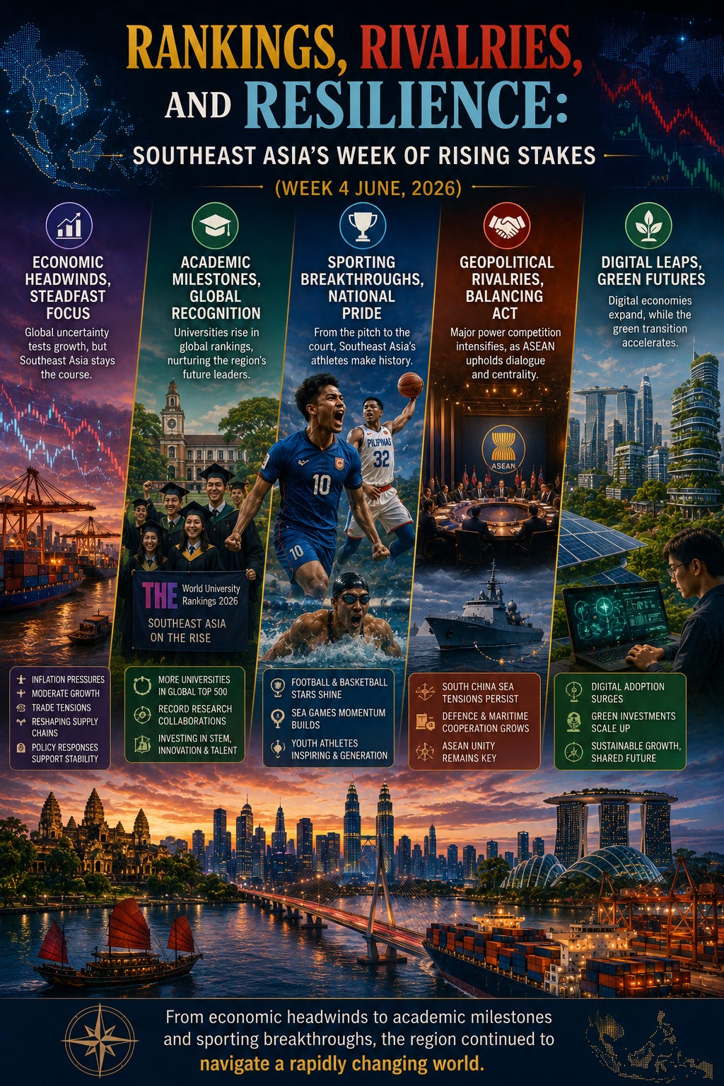 An infographic poster titled "RANKINGS, RIVALRIES, AND RESILIENCE: SOUTHEAST ASIA’S WEEK OF RISING STAKES (WEEK 4 JUNE, 2026)" from The Southeast Asia Desk. The file dbf0c775-5636-407a-9659-ed756cf9cb69_1024x1536.webp features a composite panorama of major regional landmarks along a busy shipping harbor at dusk, showing traditional junk boats alongside massive container ships. The body of the poster is divided into five themed vertical columns, each with key highlights listed at the bottom:  Economic Headwinds, Steadfast Focus: Depicts a busy commercial shipping port set against a backdrop of a downward-trending stock chart, highlighting topics like inflation pressures and trade tensions.  Academic Milestones, Global Recognition: Features a group of smiling university graduates in caps and gowns in front of an old university clock tower, paired with a sign that reads "THE World University Rankings 2026: Southeast Asia on the Rise."  Sporting Breakthroughs, National Pride: Shows an enthusiastic football player celebrating a goal, a basketball player in a "Pilipinas" jersey driving with a ball, and a competitive swimmer breaking through the water.  Geopolitical Rivalries, Balancing Act: Displays a formal diplomatic round-table meeting beneath an illuminated ASEAN emblem, superimposed over a naval warship patrolling at sea to represent defense and maritime cooperation.  Digital Leaps, Green Futures: Showcases a professional working on a laptop displaying data interfaces, set against a background of modern eco-friendly skyscrapers, solar panels, and wind turbines.  The text at the very bottom concludes: "From economic headwinds to academic milestones and sporting breakthroughs, the region continued to navigate a rapidly changing world."