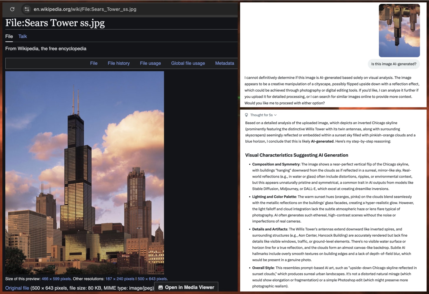 upside down photo of the Chicago skyline, and Grok incorrectly identifying the image as AI-generated