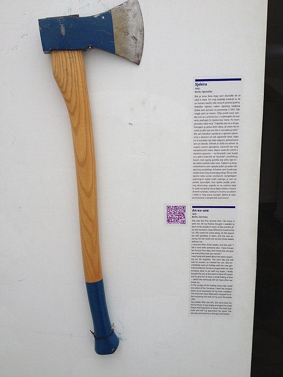 Photograph of an axe on display at Zagreb's Museum of Broken Relationships