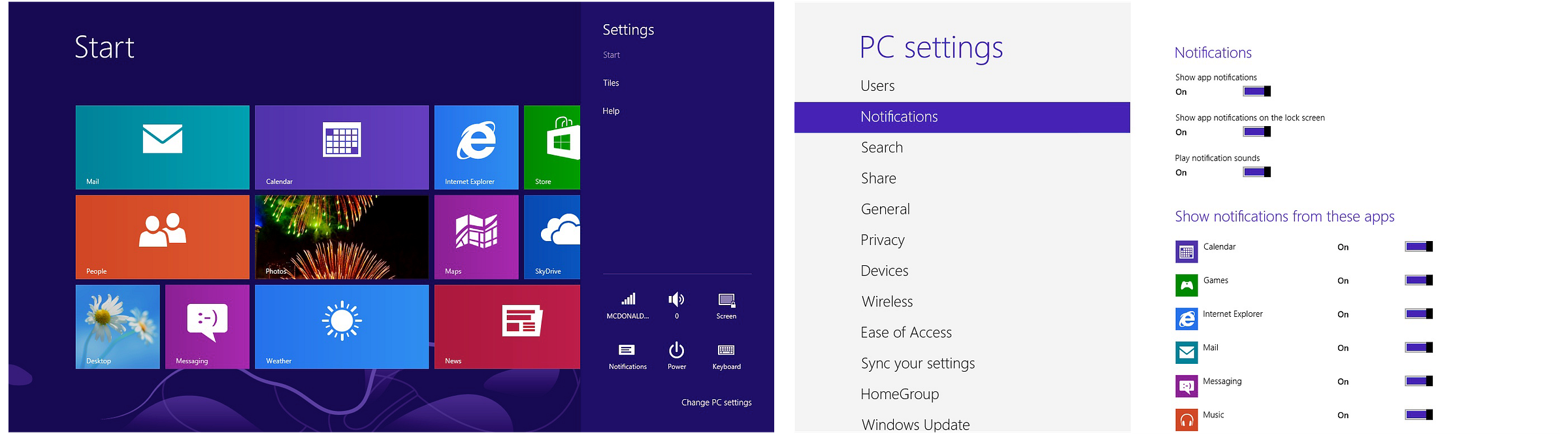 Two views of the settings. The first shows the basic settings available from the Start screen including wifi, sound, screen, keyboard, notifications, and power. there's text to tap to launch the settings app. The settings app is shown which provides detailed settings across a broad range of configuration options. Shown are the options for Notifications. Two views of the settings. The first shows the basic settings available from the Start screen including wifi, sound, screen, keyboard, notifications, and power. there's text to tap to launch the settings app. The settings app is shown which provides detailed settings across a broad range of configuration options. Shown are the options for Notifications.