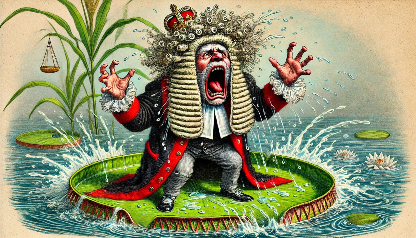 A ChatGPT generated image of a british judge standing on a water lily, shouting at things. It has the look of an old newspaper cartoon from the early 20th century.