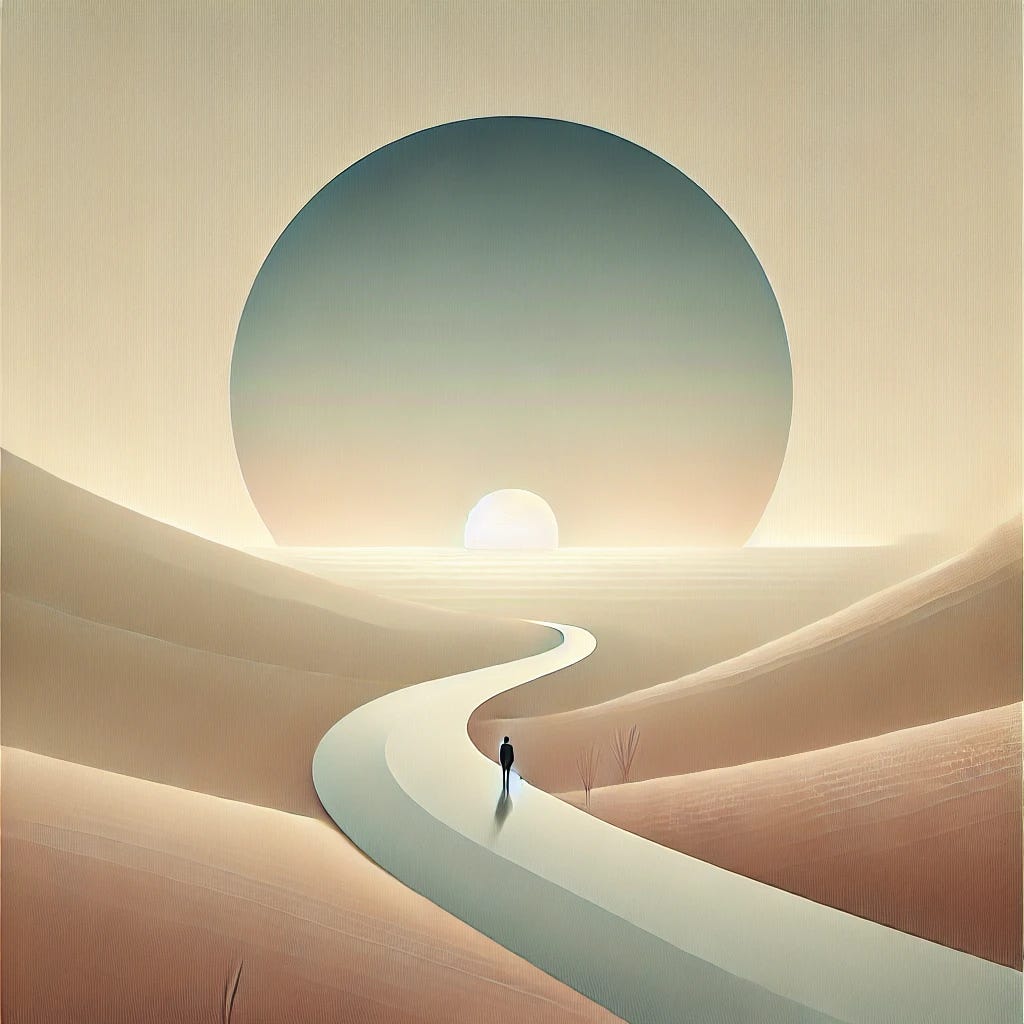 A serene depiction of a lone figure standing at the beginning of a winding path that gently disappears into a soft horizon. The scene blends minimalism with subtle detail: a pale sky with hints of sunrise and a quiet, open landscape with soft gradients of earth tones. The figure, small but distinct, evokes a sense of curiosity and reflection, representing the start of a journey toward self-discovery. The style is clean, elegant, and inspiring, with a balance between abstraction and natural beauty.