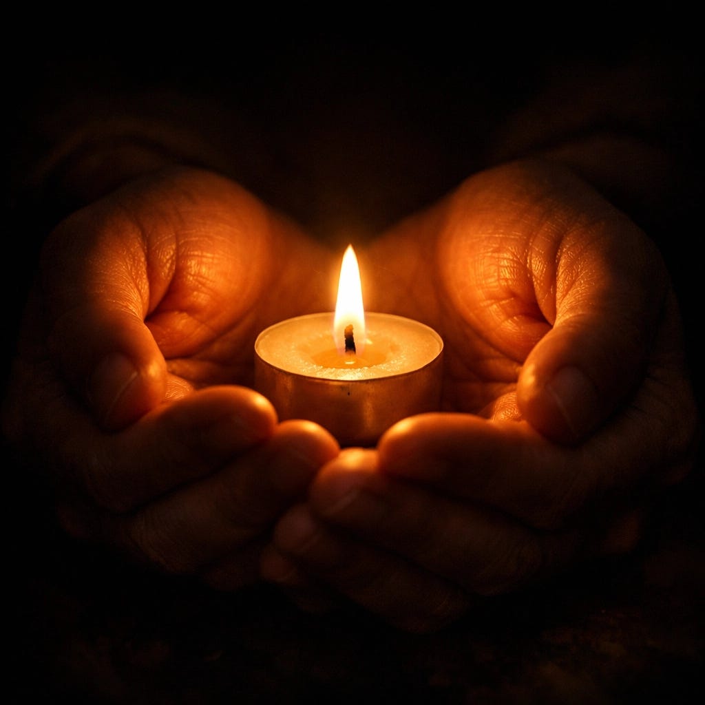 Cupped hands holding a candle flame, symbolizing compassionate accompaniment and spiritual healing | Dr. Marcus Peter Cupped hands holding a candle flame, symbolizing compassionate accompaniment and spiritual healing | Dr. Marcus Peter