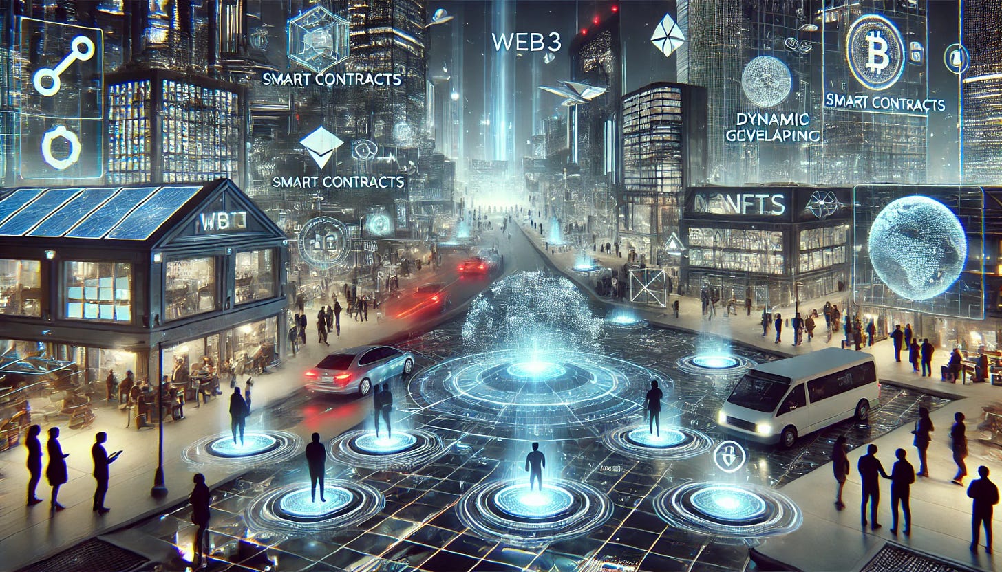 A highly futuristic digital marketplace emphasizing Web3 principles with sleek, modern architecture and advanced technology, without any text. The scene shows users interacting in a decentralized, blockchain-driven environment. Holographic displays project visuals of smart contracts, dynamic pricing, and decentralized governance, but no text is visible. Users exchange tokens and NFTs for services like ride-sharing, cloud storage, and collaborative development. The setting includes futuristic glowing skyscrapers, flying vehicles, and interconnected smart grids, creating a seamless ecosystem driven by blockchain technology and incentives, with no visible logos or text.