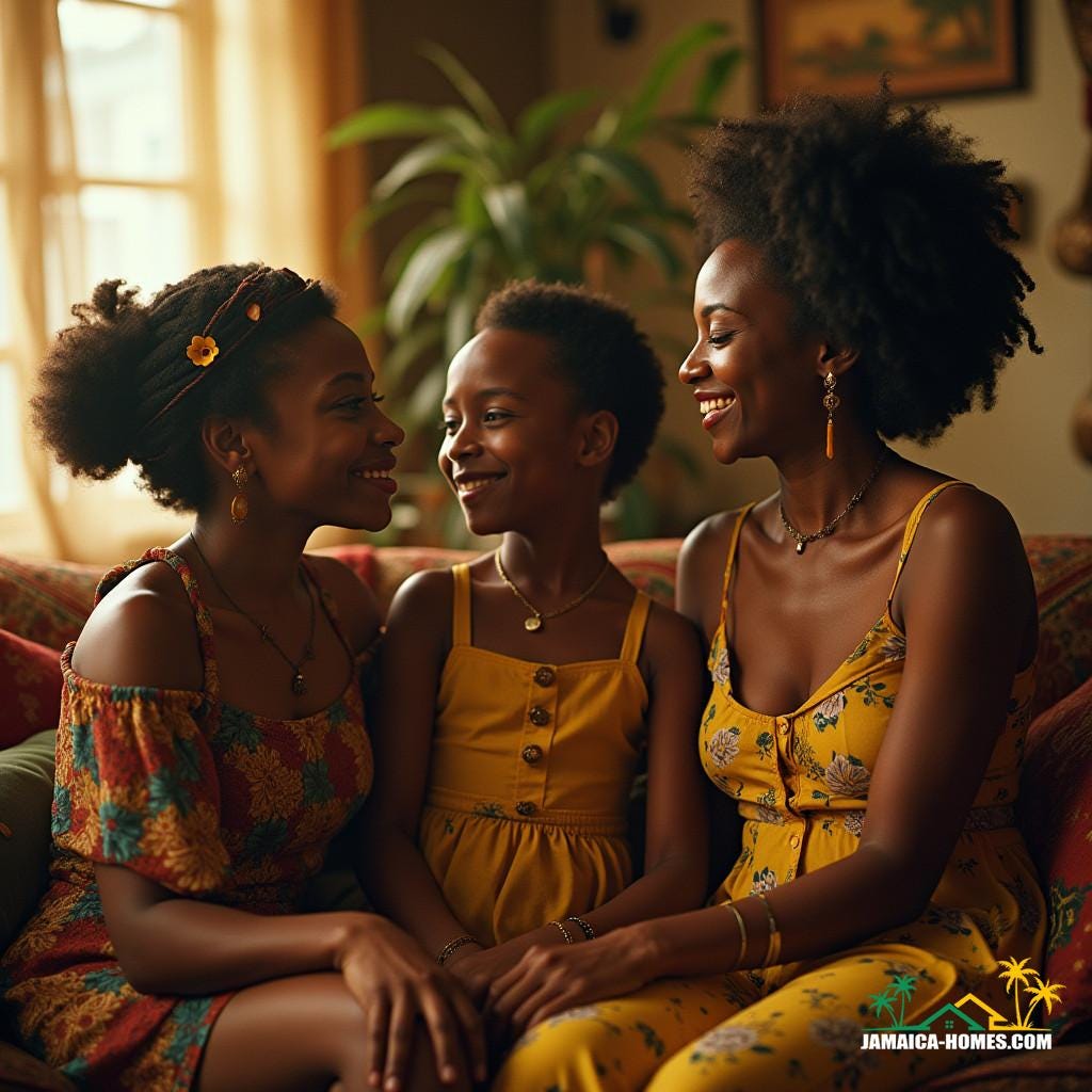 A Jamaican British family, dressed in vibrant attire, gathered in a warm, sunlit room, surrounded by nostalgic Jamaican decor, smiling and embracing each other, as if sharing a heartwarming moment