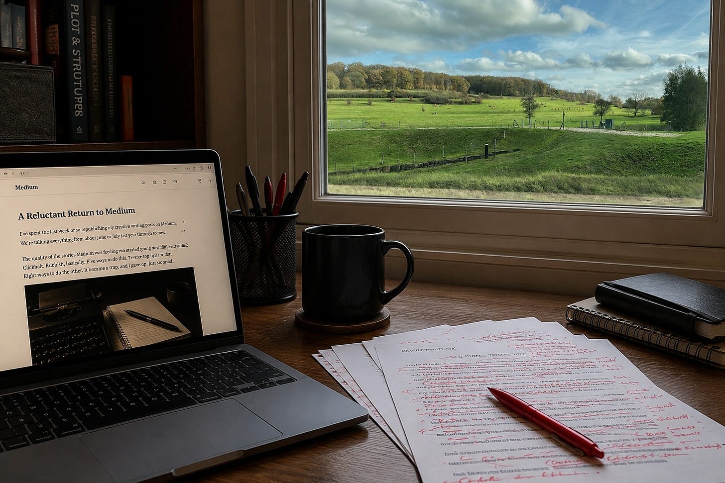 A writer’s desk with a laptop, red-marked manuscript pages, and a countryside view, suggesting the shift from knowing a story to revising it on the page.