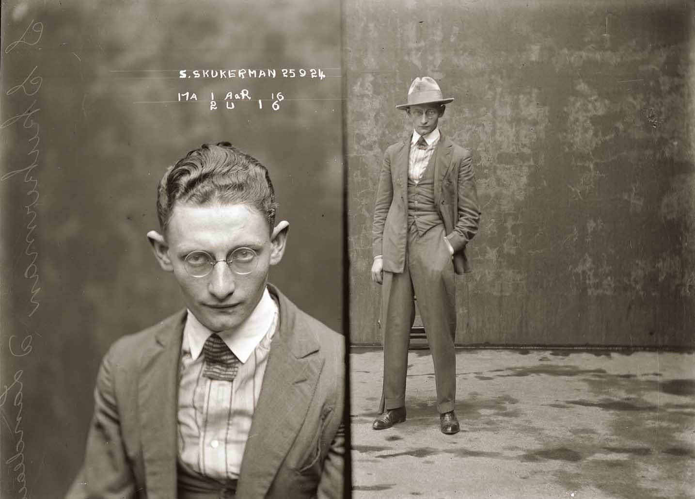 The mug shot of Australian criminal Sydney Skukerman in 1924, arrested for fraud: 'obtained goods from warehousemen by falsely representing that he is in business.'