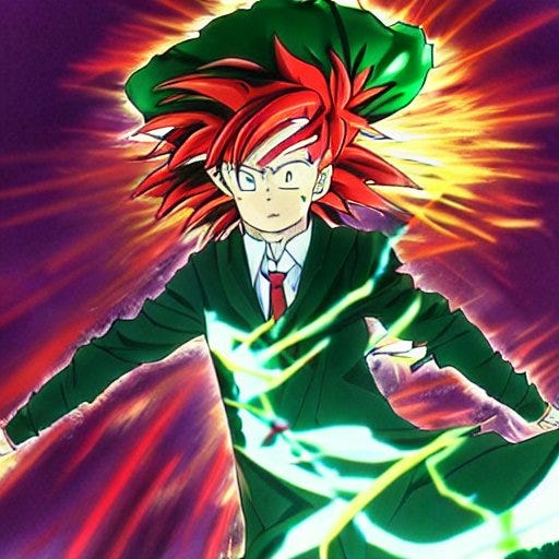AI generated Chise with aura and light effects with red, Dragon Ball Z inspired hair. In her trademark green coat