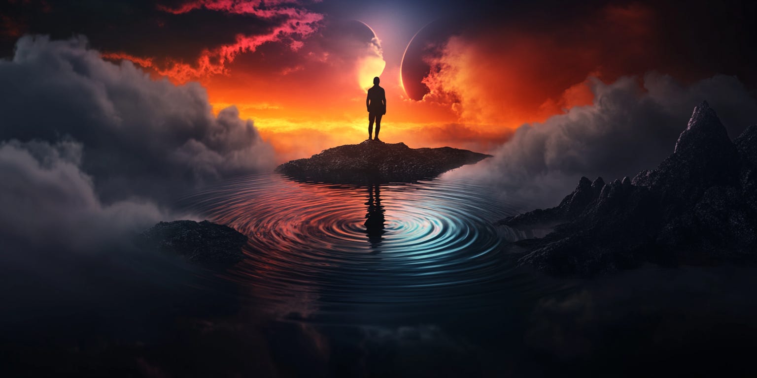 A figure standing at the edge of a minimalist landscape, their reflection in a still pool of water shows a more confident, radiant version of themselves. 