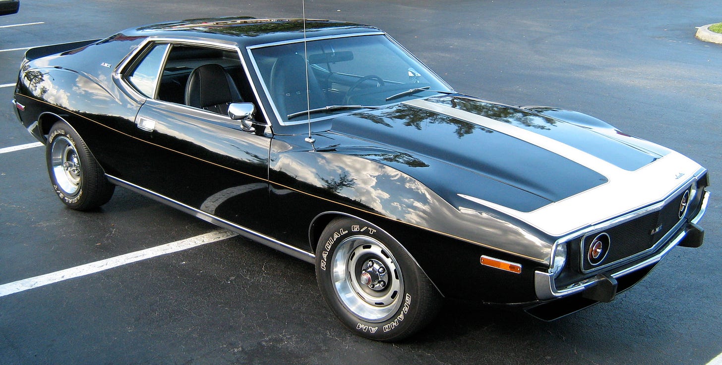 Black 1974 AMC Javelin AMX, view from the right front.