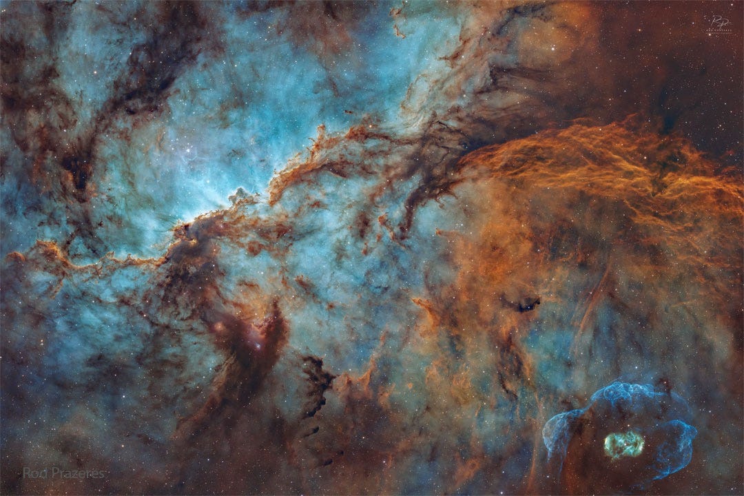 The featured image shows the nebulae NGC 6188 and NGC 6164.
The former is a star forming region near the image center 
filled with glowing gas and laced with dust that resembles 
dragons. The smaller NGC 6164 is seen on the lower right 
is an emission nebula created by a single massive star in 
its center. 
Please see the explanation for more detailed information.