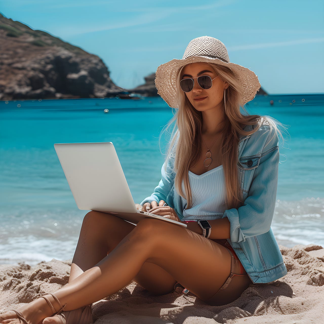 AI generated image of a woman working on her laptop at the beach