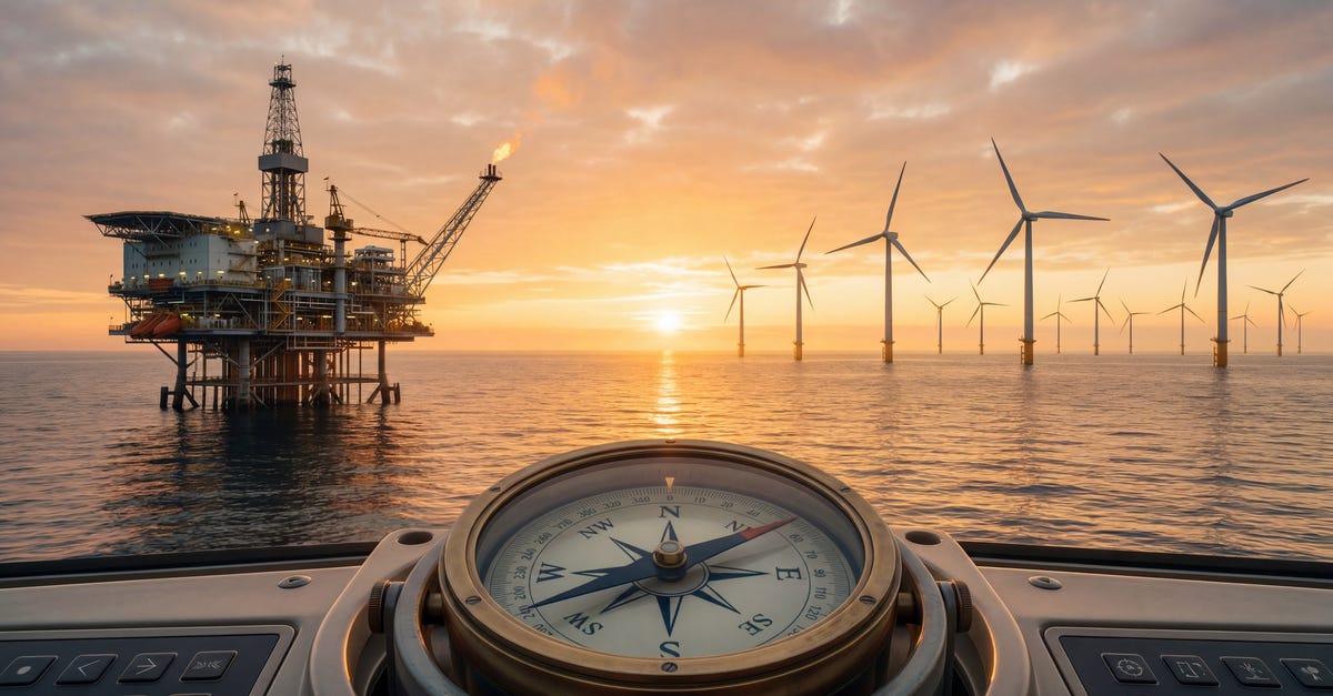 An offshore oil platform with a flare burns at left while a row of offshore wind turbines extends to the right, both silhouetted against a low sun on the sea horizon. A brass marine compass sits in the foreground on a boat console, its needle pointing roughly north between the two installations.