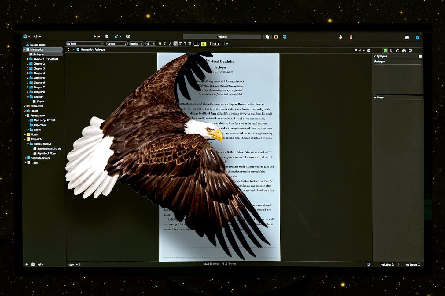 A digital collage shows a bald eagle flying across a computer screen displaying a dark-themed file manager with a document open in the background. The eagle’s wings are spread wide, partially covering the document.