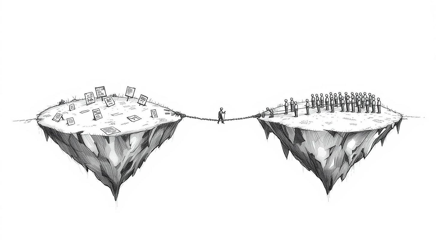 Bridge woven from content posts connecting an employee island to a candidate island