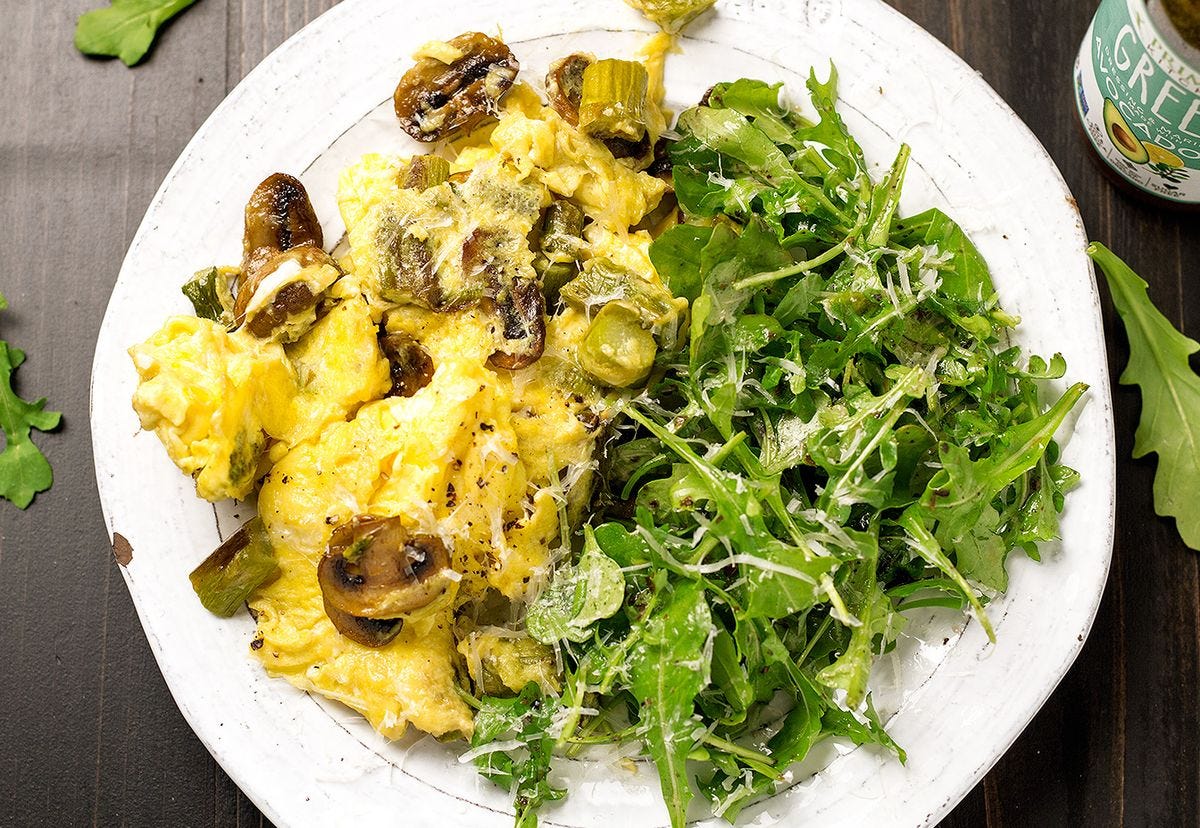 Plate of Asparagus and Mushroom Scramble with Arugula Salad Plate of Asparagus and Mushroom Scramble with Arugula Salad