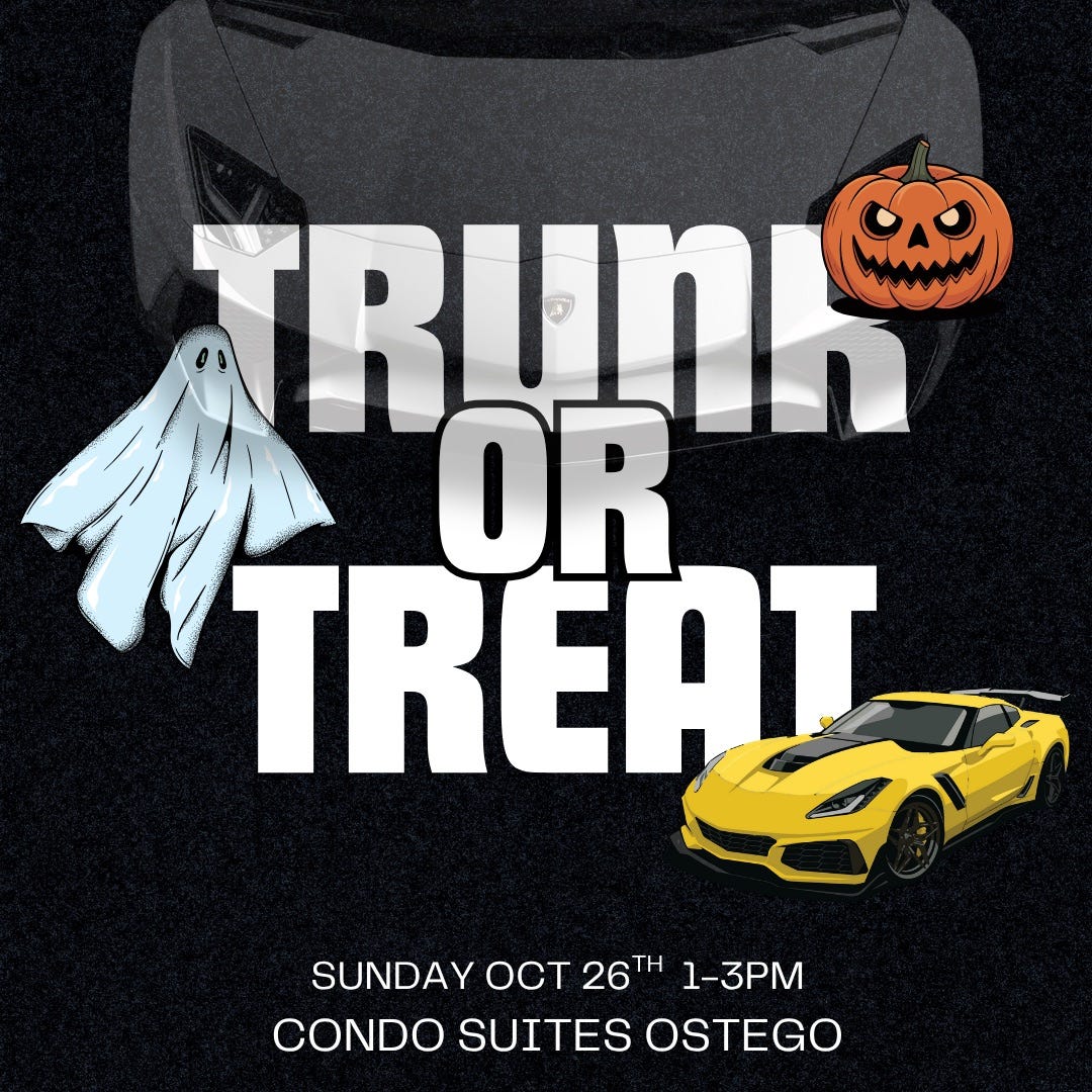 May be an image of ‎car and ‎text that says '‎TRUNH س۰ن OR TREAT SUNDAY OCT 26TH 26 1-3PM CONDO SUITES OSTEGO‎'‎‎