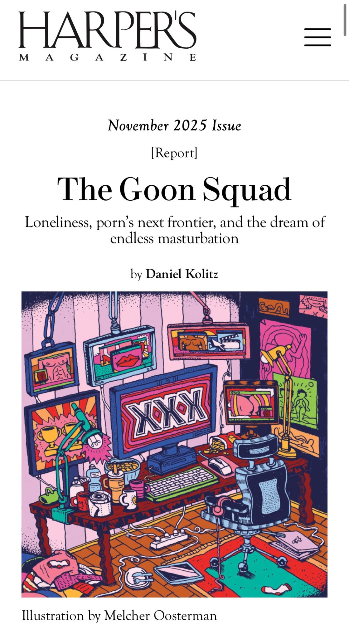 Cover of Harpers Magazine November 2025 issue featuring title The Goon Squad with subtitle on loneliness porns next frontier and the dream of endless masturbation by Daniel Kolitz. Illustration shows a wooden desk with a computer monitor displaying XXX logo surrounded by framed artworks on walls and a lamp nearby. Additional elements include papers and a mug on the desk. Text at bottom credits illustration by Melcher Osterholm.