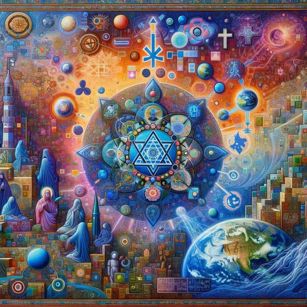 AI's imagination of Influence on Global Religious Dynamics: This visual is a vibrant tapestry depicting various religious symbols intertwined with digital elements and global landmarks, illustrating the intensification of global religious tensions due to the involvement of religiously motivated actors in conflicts. It captures the complex interplay between faith, technology, and geopolitics, highlighting how religious dynamics are increasingly influenced by global connectivity and the digital age. The scene emphasizes the need for interfaith dialogue and understanding to navigate the challenges posed by these tensions. AI's imagination of Influence on Global Religious Dynamics: This visual is a vibrant tapestry depicting various religious symbols intertwined with digital elements and global landmarks, illustrating the intensification of global religious tensions due to the involvement of religiously motivated actors in conflicts. It captures the complex interplay between faith, technology, and geopolitics, highlighting how religious dynamics are increasingly influenced by global connectivity and the digital age. The scene emphasizes the need for interfaith dialogue and understanding to navigate the challenges posed by these tensions.