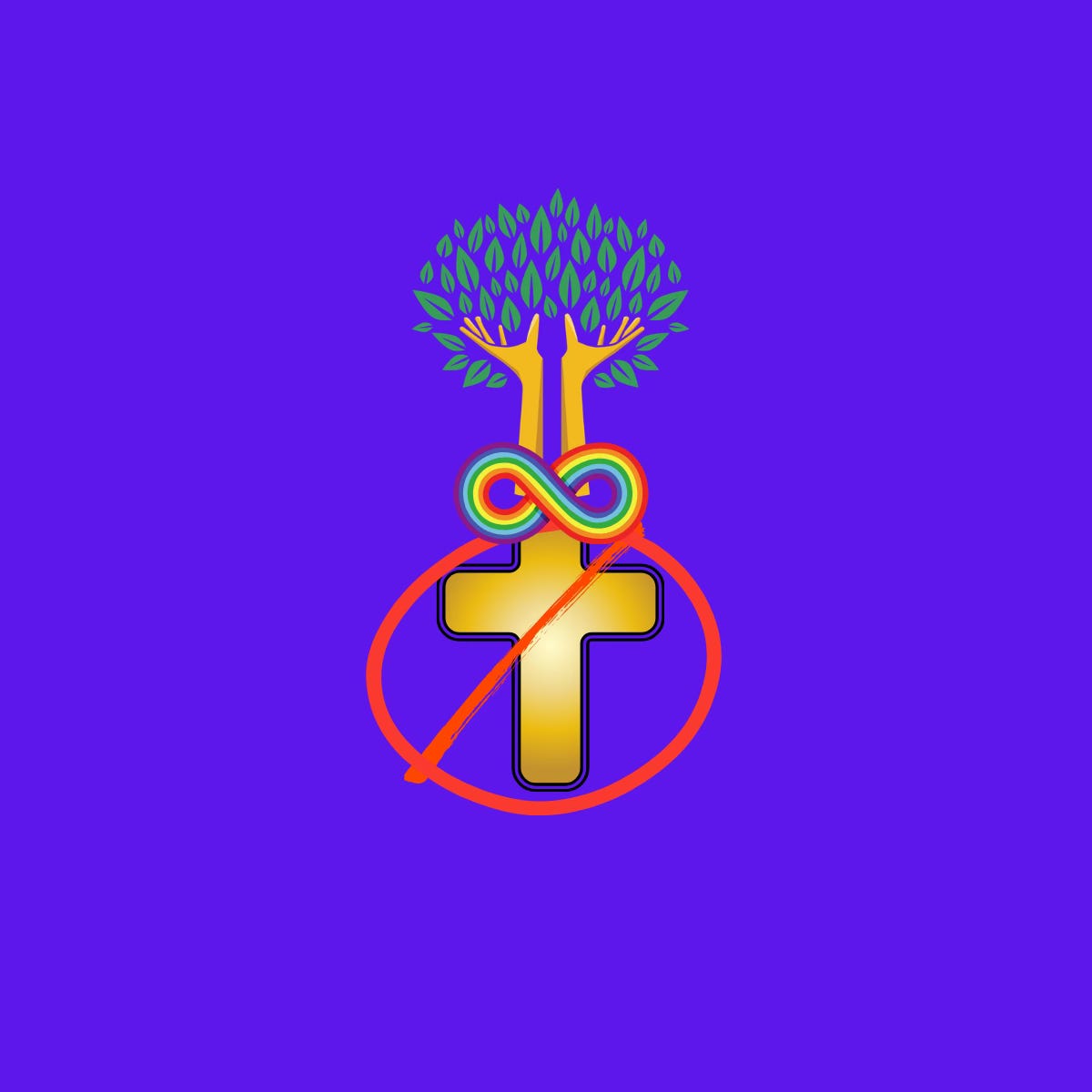gold cross with red line through it, with rainbow infinity symbol and green tree of life above cross