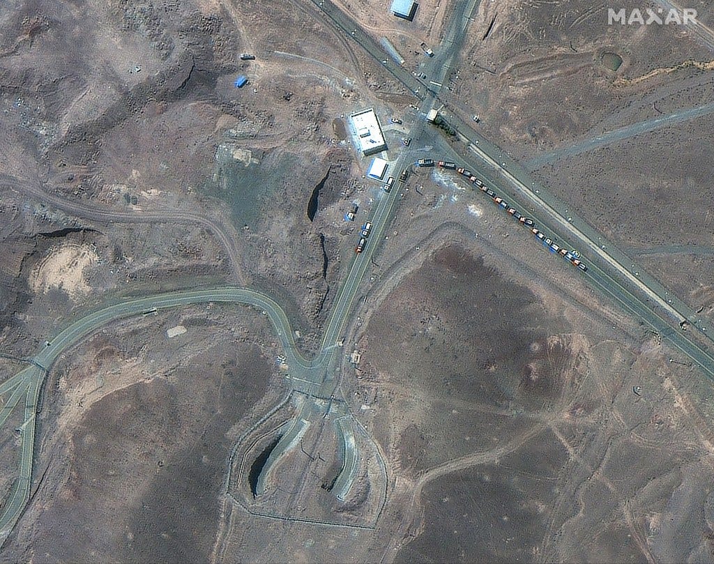 Satellite image of cargo trucks near the Fordow Fuel Enrichment Plant in Fordo, Iran.