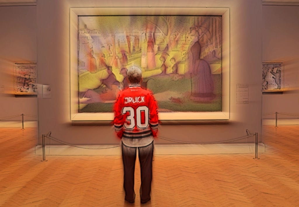 La folle journée de Douglas Druick (photogramme très retouché et recadré - extrait d’une vidéo du Art Institute of Chicago publiée en décembre 2015) La folle journée de Douglas Druick (photogramme très retouché et recadré - extrait d’une vidéo du Art Institute of Chicago publiée en décembre 2015)