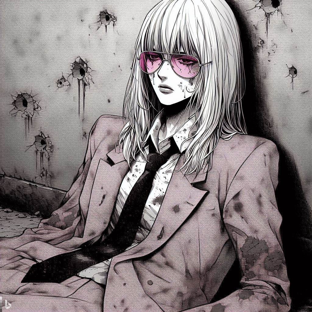 A tall woman with long, straight, blonde hair and bangs, wearing a dirty pink 80's style business suit with no tie and broken pink aviator shades, laying against a concrete wall riddled with bullet holes, tired and exhausted, injured, covered in dirt, seen at an angle, gray color filter, manga art style