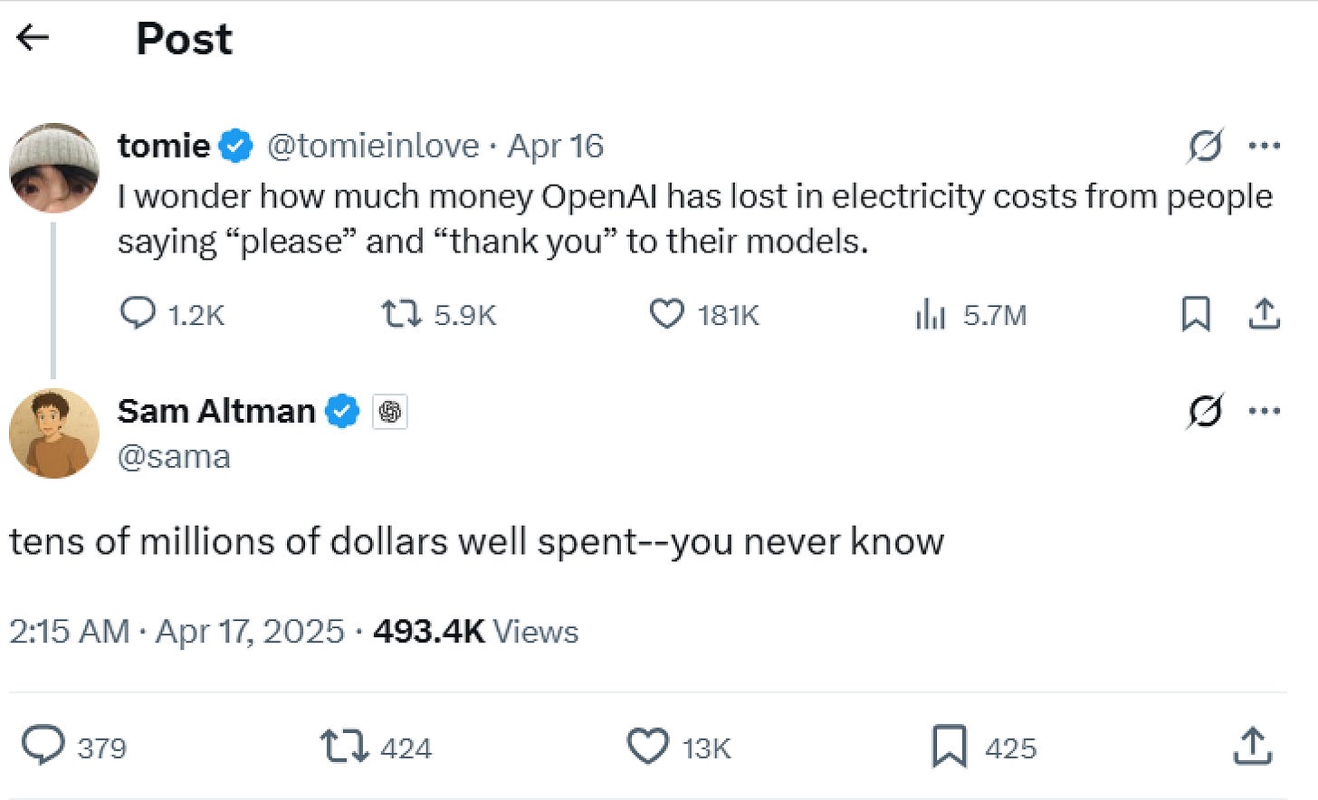 Screenshot of a tweet from Sam Altman