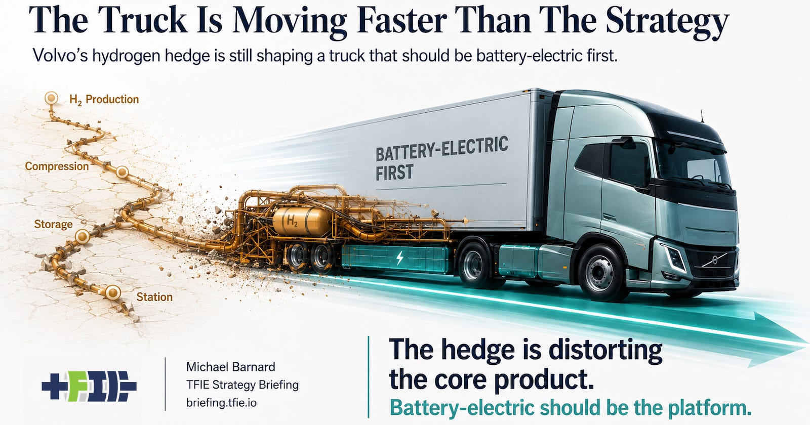 Electric semi moving ahead while a hydrogen strategy path intrudes into its chassis