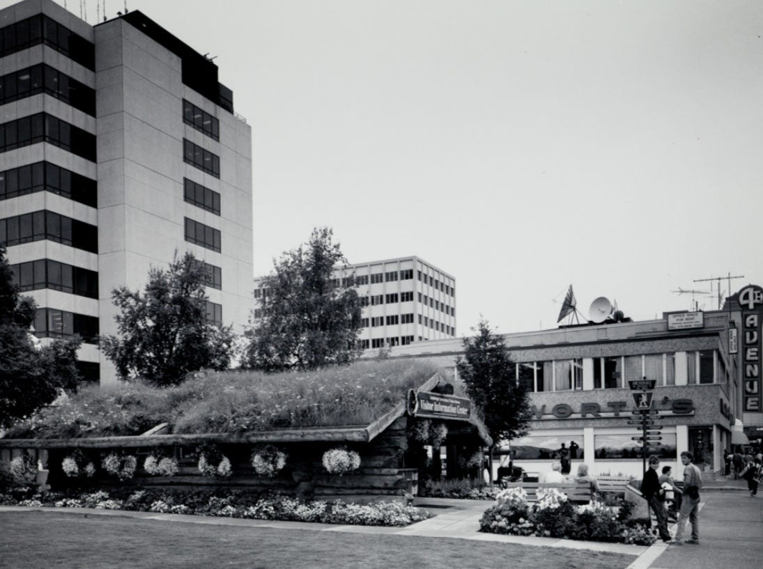 Anchorage Visitor's Log Cabin sits right in the middle of downtown Anchorage, Alaska.