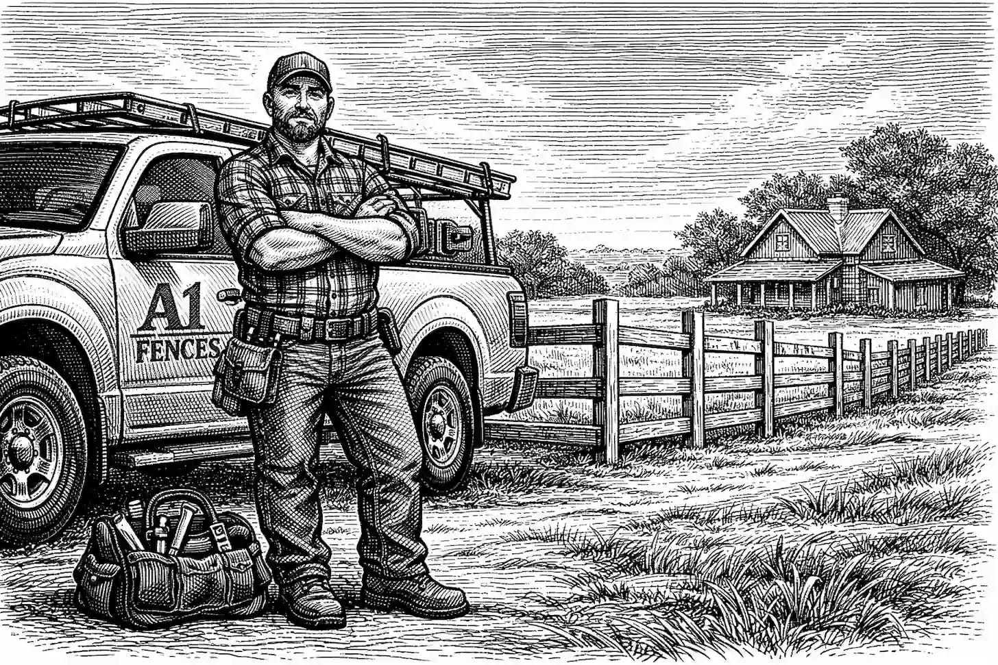 satisfied solopreneur fence installer stands in front of completed jobsite