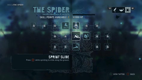 Screenshot of the Far Cry 3 skill tree menu titled “The Shark,” showing a branching grid of locked and unlocked abilities focused on assault takedowns and healing. One skill point is available, the “Takedown” skill is highlighted with a skull icon, and controller button prompts appear along the edges of the screen against a blue-green jungle-themed background.