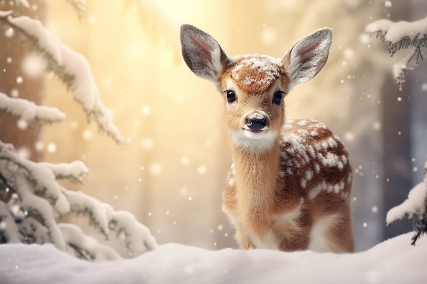 Cute Fawn Portrait in Snowy Forest | Free Winter Image by picjumbo Cute Fawn Portrait in Snowy Forest | Free Winter Image by picjumbo