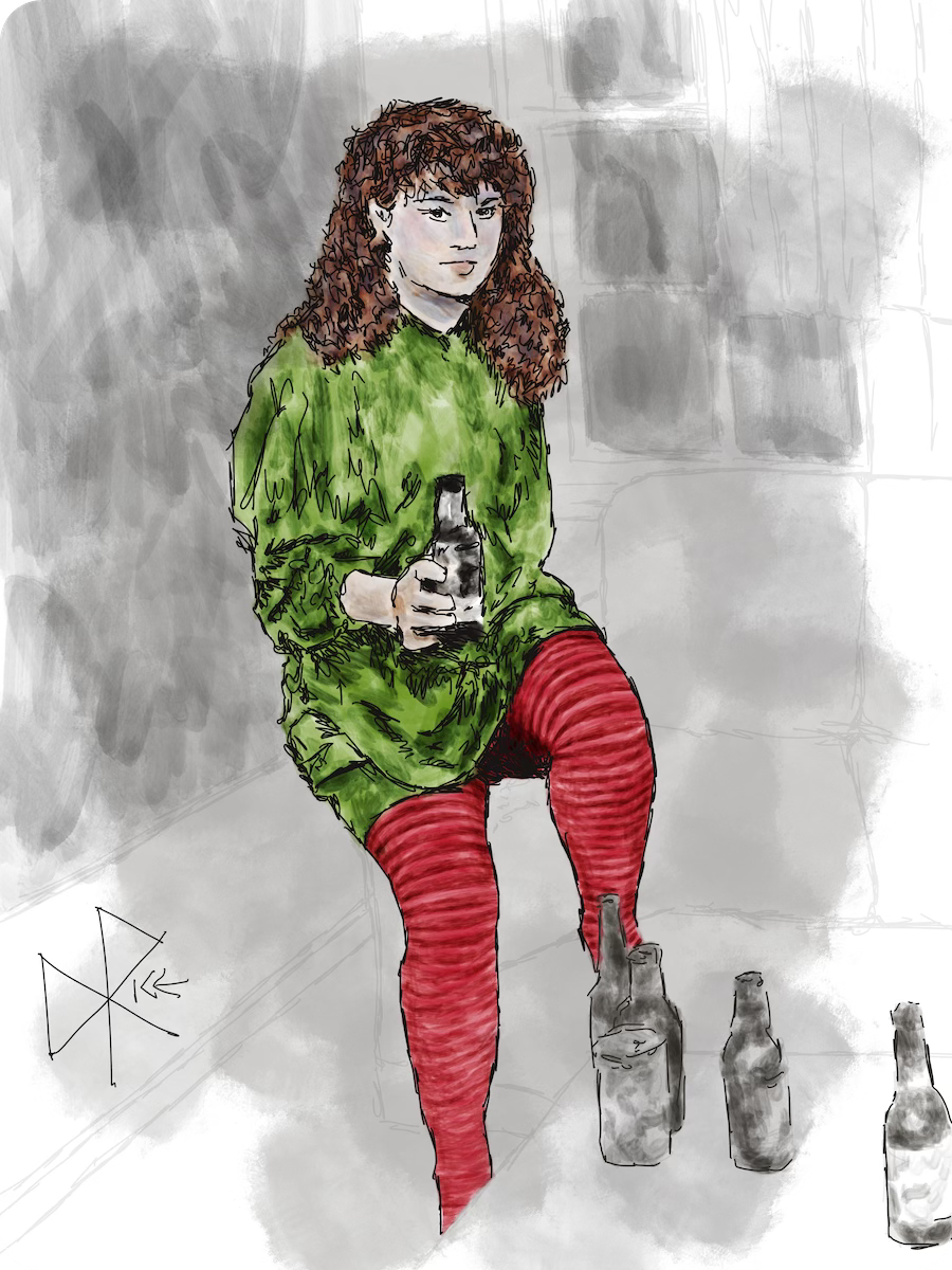 Young woman with light brown curly hair, wearing red striped tights and green shirt-skirt. She sits alone on the sofa arm, holding a beer. Sketch art by Don Rice.