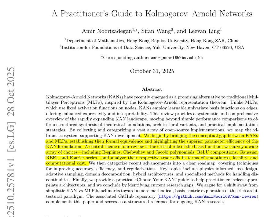 Black and white text document showing the title A Practitioners Guide to Kolmogorov-Arnold Networks followed by author affiliations including Department of Mathematics Stanford University Levan Sing China Institution for Foundation Data Science Yale University New Haven CT 06520 and corresponding author details arXiv20510205 edk CT 06520 Oct 28 2024 then the abstract paragraph discussing Kolmogorov-Arnold Networks KANs as alternatives to Multilayer Perceptrons MLPs their expressiveness interpretability flexibility integration of domain knowledge approximation via Kolmogorov-Arnold theorem architectural components univariate basis functions dataset construction regularization optimization basis functions like B-splines Chebyshev polynomials Gaussian radial basis functions Fourier series wavelets training methodologies physics-informed neural networks adaptive sampling domain decomposition kernel-based surrogate modeling benchmarking in regression classification scientific computing tasks comparison to MLPs in accuracy data efficiency interpretability reduced spectral bias practical guidelines for KAN architectures basis functions training protocols.