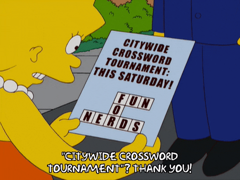 Lisa Simpson reading a flyer that says "Citywide Crossword Tournament: Fun for Nerds!"