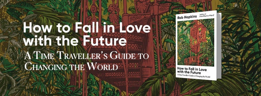 A graphic which shows the title of Rob's book How to Fall In Love With The Future: a Time Traveller’s Guide to Changing The World. There is also a part of the book cover image: an illustration of a red metal spiral staircase in a sea of green plants.