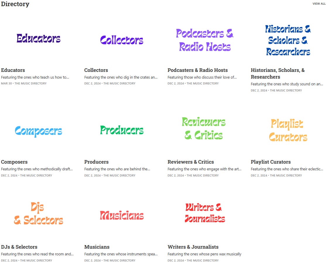 A screenshot from The Music Directory homepage, featuring the colorful categories.