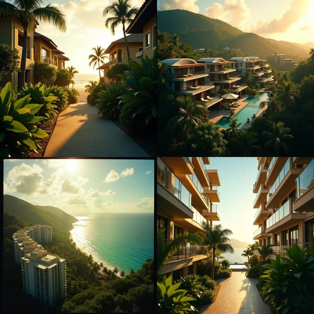 Luxurious condos in Jamaica, with warm tropical sunlight casting a golden glow on the modern architecture, set against a breathtaking backdrop of turquoise ocean and lush green palm trees