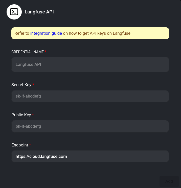 A form with four fields to enter information about the LangFuse credentials to use