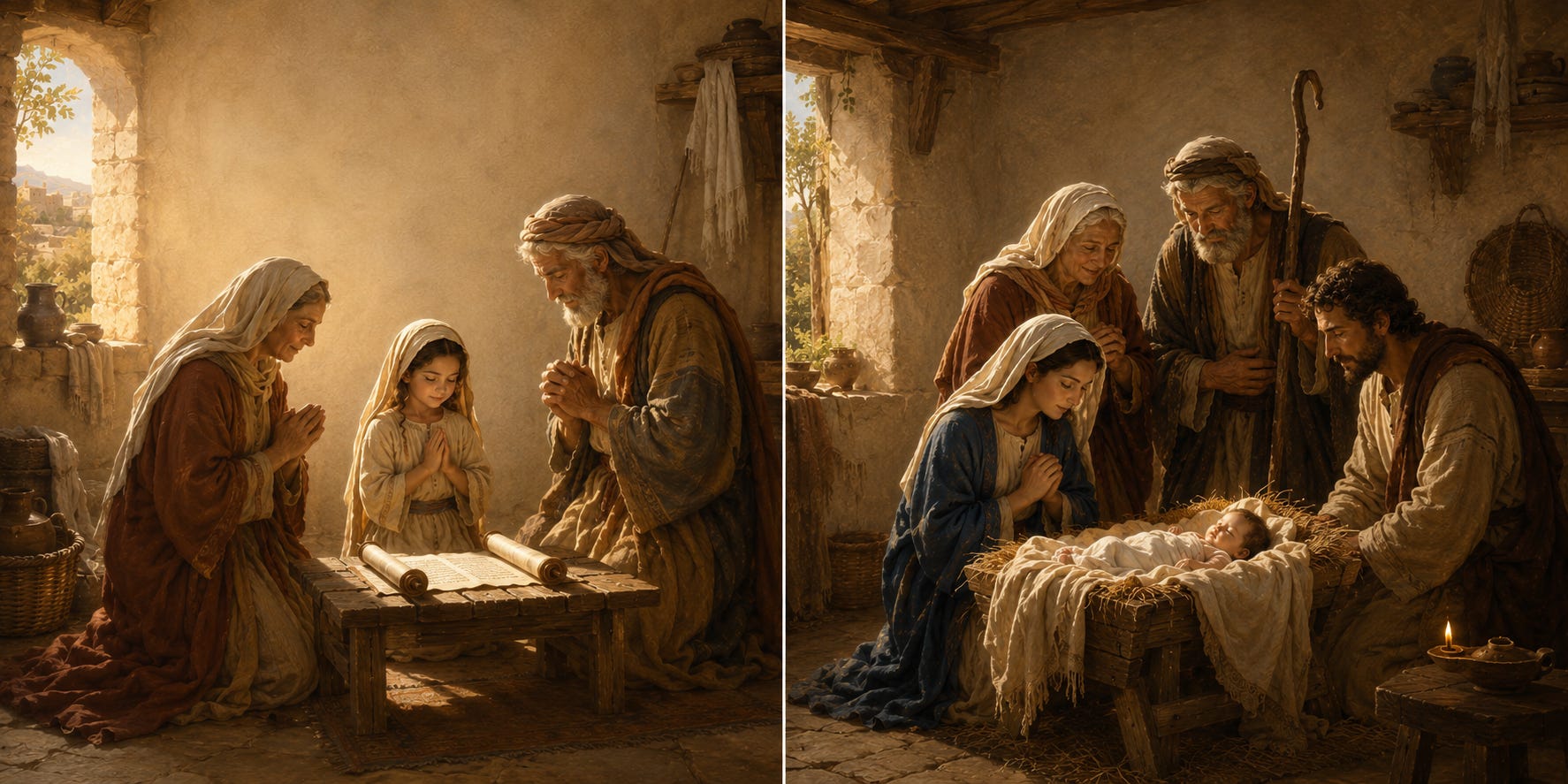 Joachim and Anne pray with young Mary, then beside newborn Jesus with Mary and Joseph, illustrating faith across generations. Joachim and Anne pray with young Mary, then beside newborn Jesus with Mary and Joseph, illustrating faith across generations.