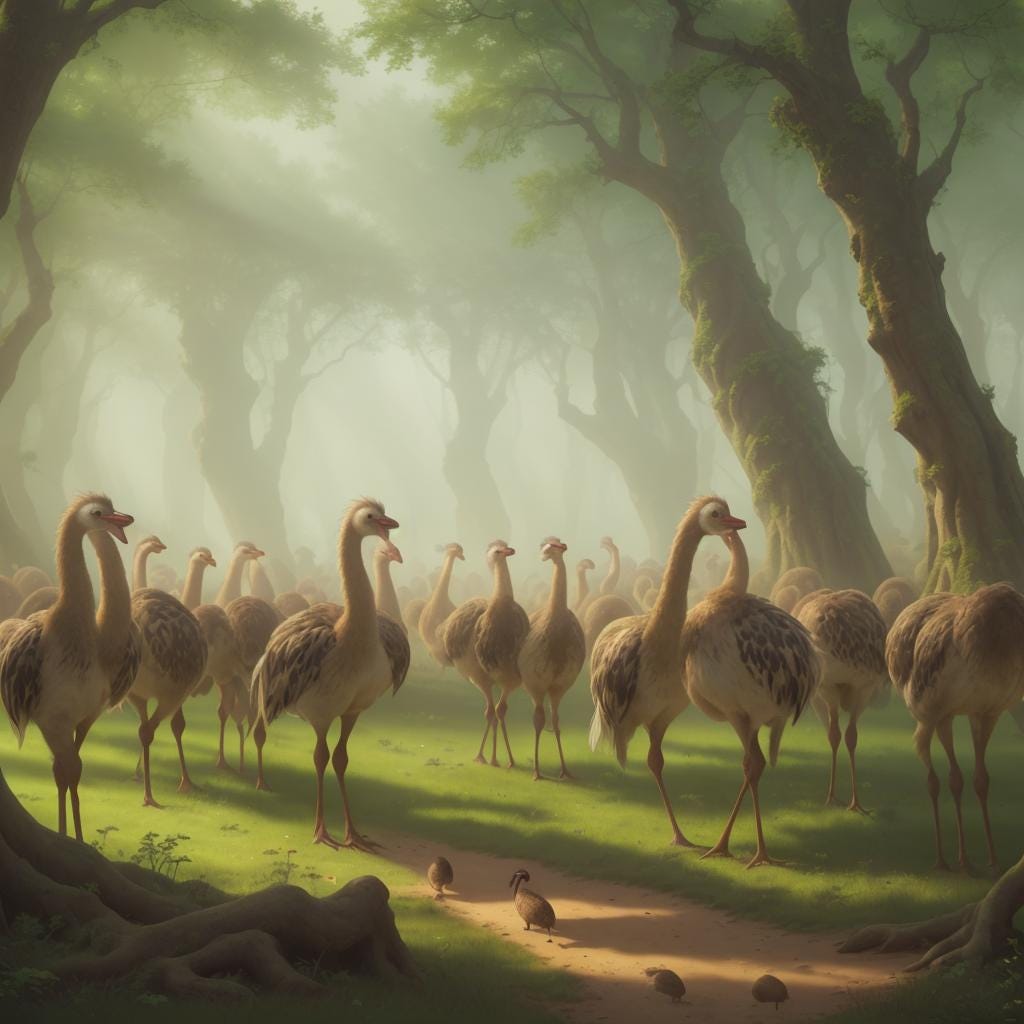 A fantasy forest full of brightly-colored ostriches. A fantasy forest full of brightly-colored ostriches.