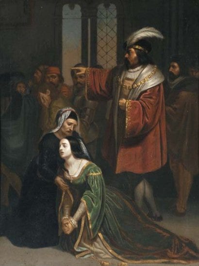 Pia, in green sinking to the floor in apparent misery while a man stands imperiously over her Pia, in green sinking to the floor in apparent misery while a man stands imperiously over her