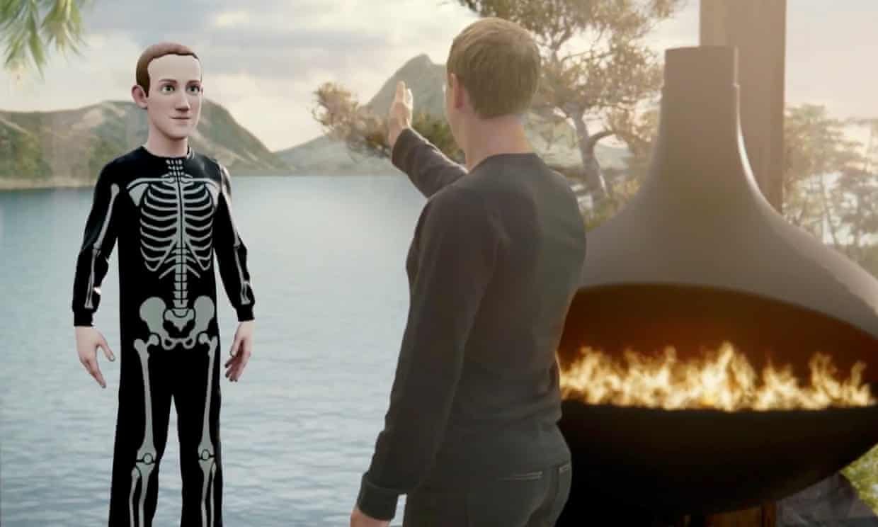 Mark Zuckerburg interacting with his virtual Meta avatar. It looks terrible.