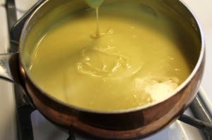 Pudding is ready to remove from heat when it is thick enough to dribble lines that stay on the top of the pudding mixture. Pudding is ready to remove from heat when it is thick enough to dribble lines that stay on the top of the pudding mixture.